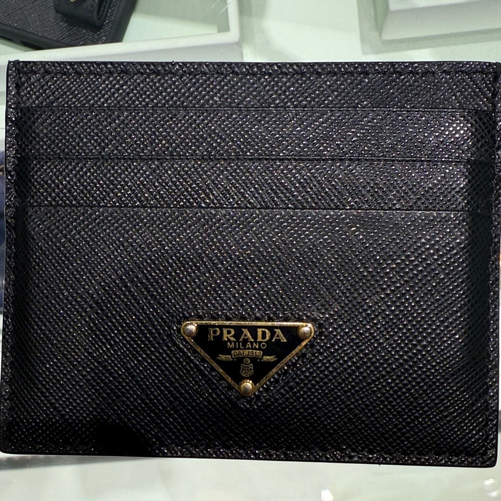 Prada Saffiano Textured Leather Credit Card Holder with gold logo